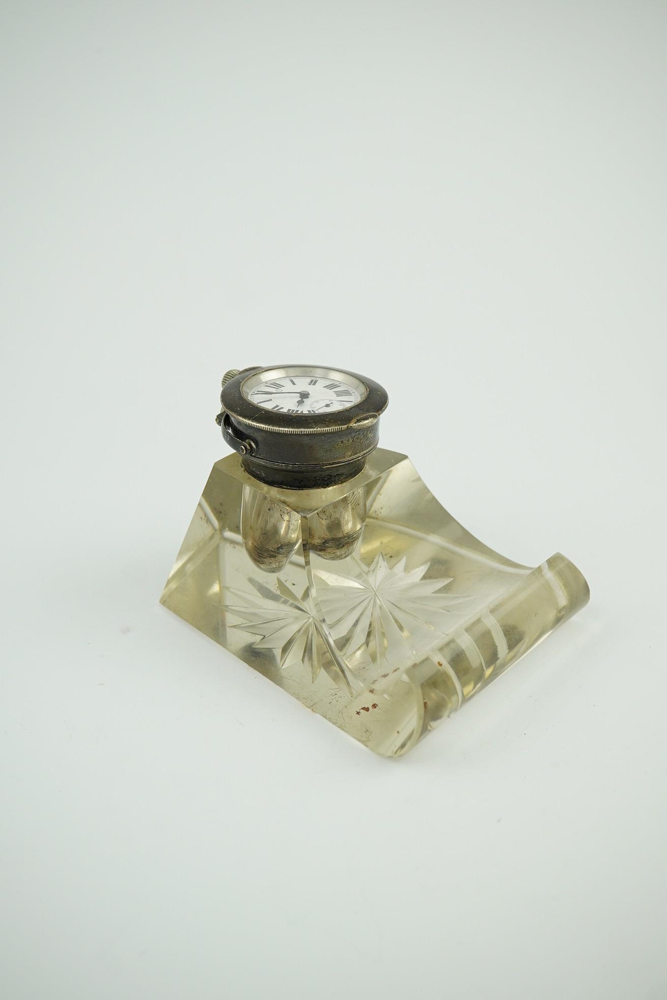 An Edwardian silver watch mounted glass inkwell, maker's mark rubbed